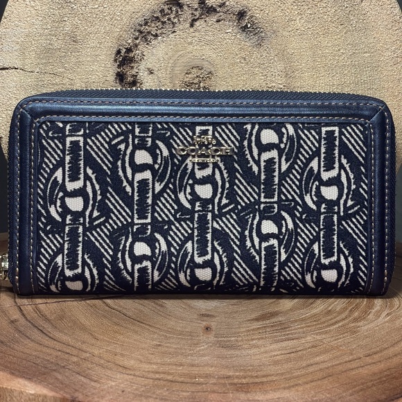 COACH Flocked Chain Print Leather & Velveteen Accordion Zip Wallet